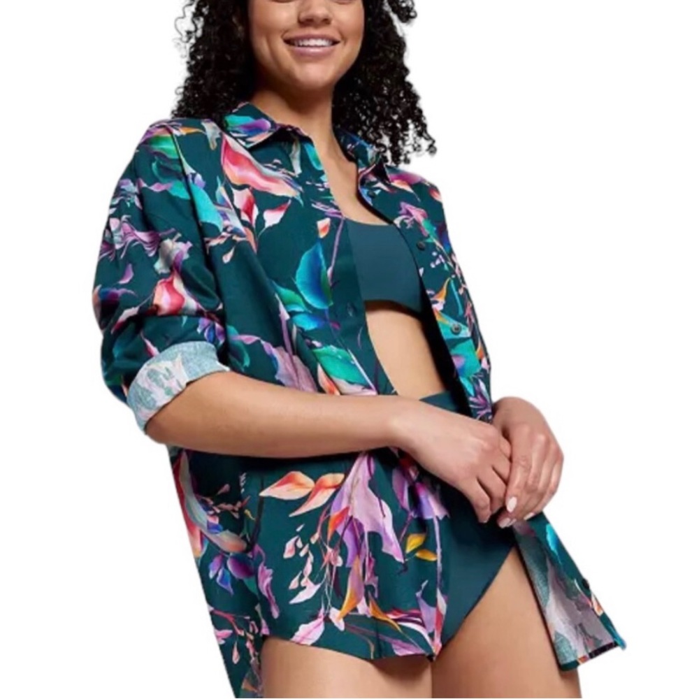 Calia Women Linen Blend Swim Cover Up‎ Floral Abstract Buttons Beachy Island